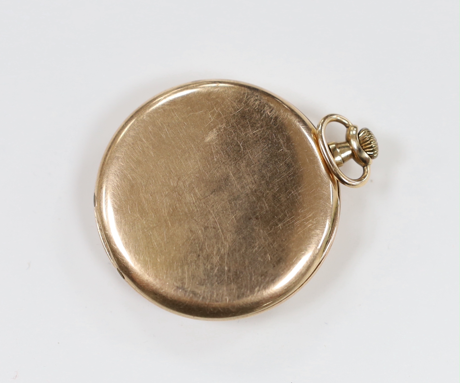 A 1920's Swiss 9ct gold open face keyless dress pocket watch, with Arabic dial and subsidiary seconds, gross weight 43.1 grams.